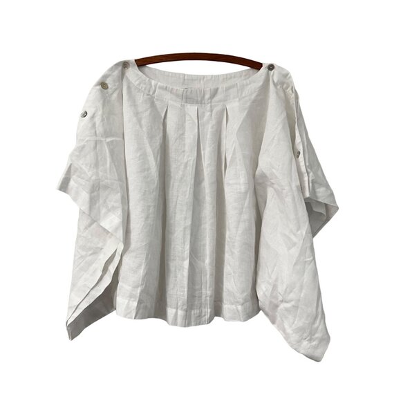 Night Studio Coastal White Linen Mother Pearl Buttons Pleated Boxy Top Large - Picture 1 of 6